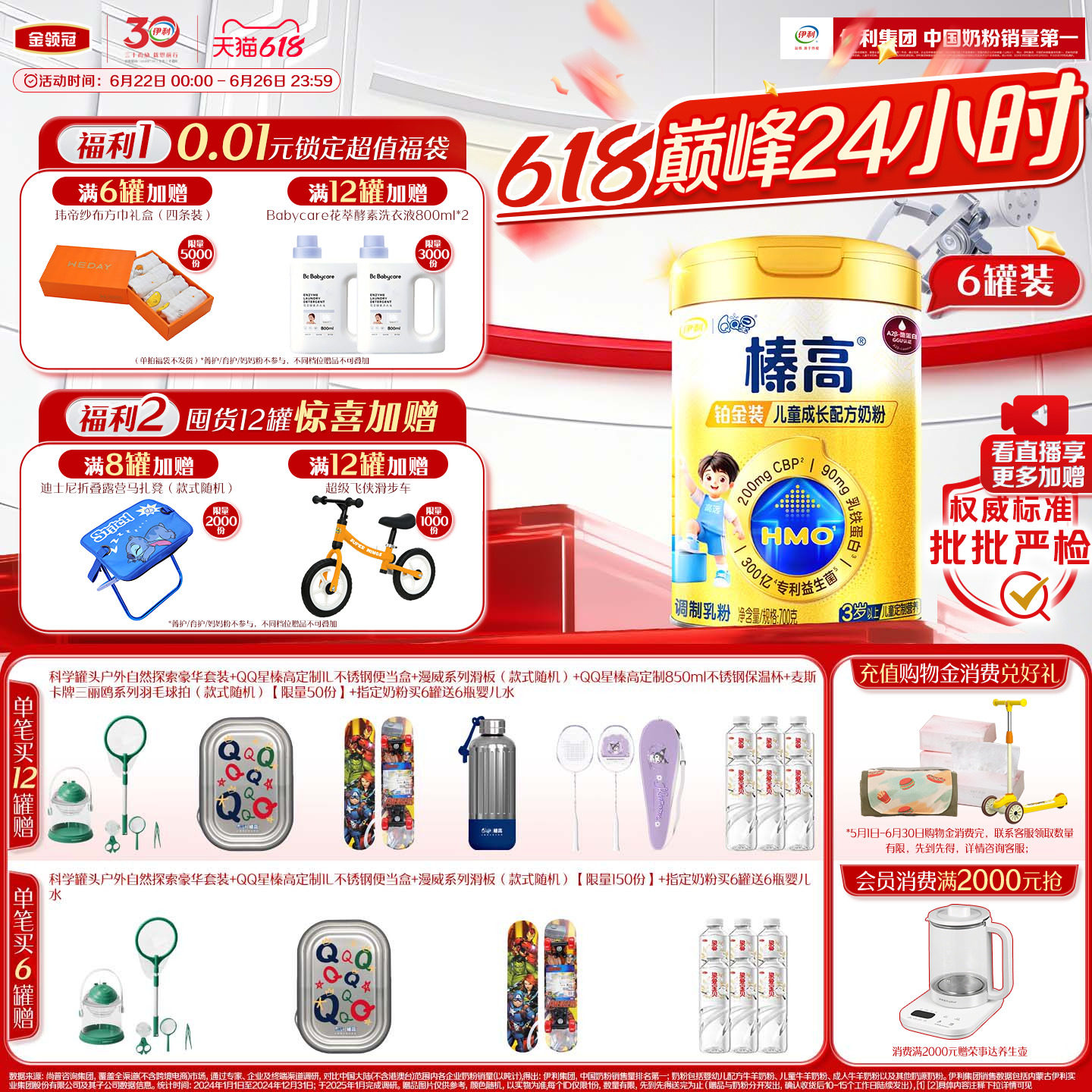 伊利QQ星榛高铂金装CBP3岁以上儿童高钙成长牛奶粉700g*6罐