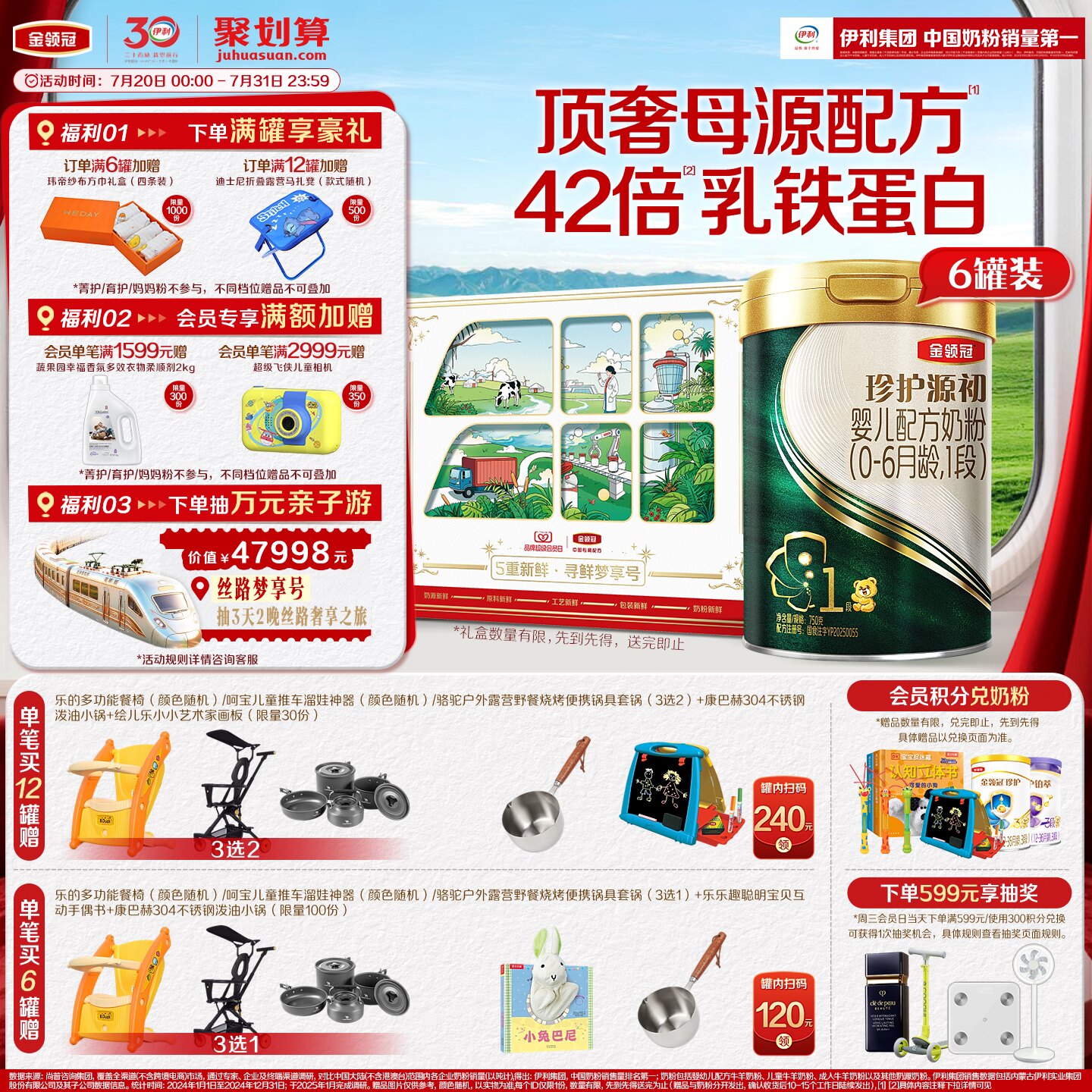 【顶奢新品】伊利金领冠珍护源初1段0-6个月婴儿奶粉750g*6