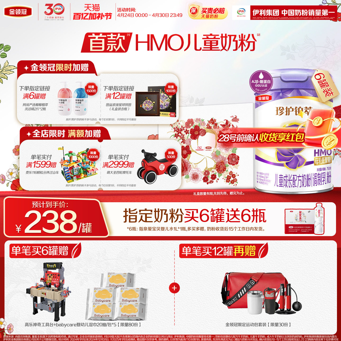 预售-伊利金领冠珍护铂萃4段3岁以上儿童成长配方牛奶粉750g*6