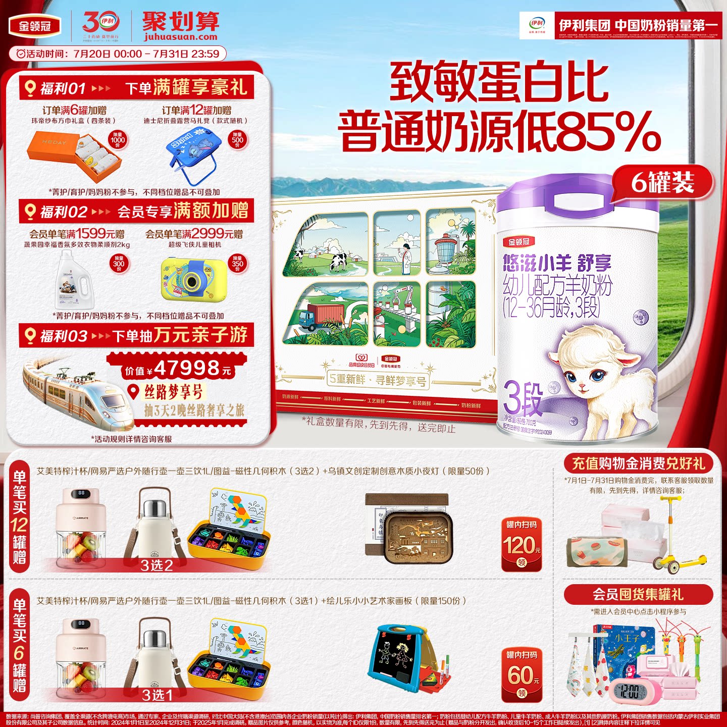 伊利金领冠悠滋小羊舒享3段低敏好吸收700g*6罐装婴幼儿羊奶粉