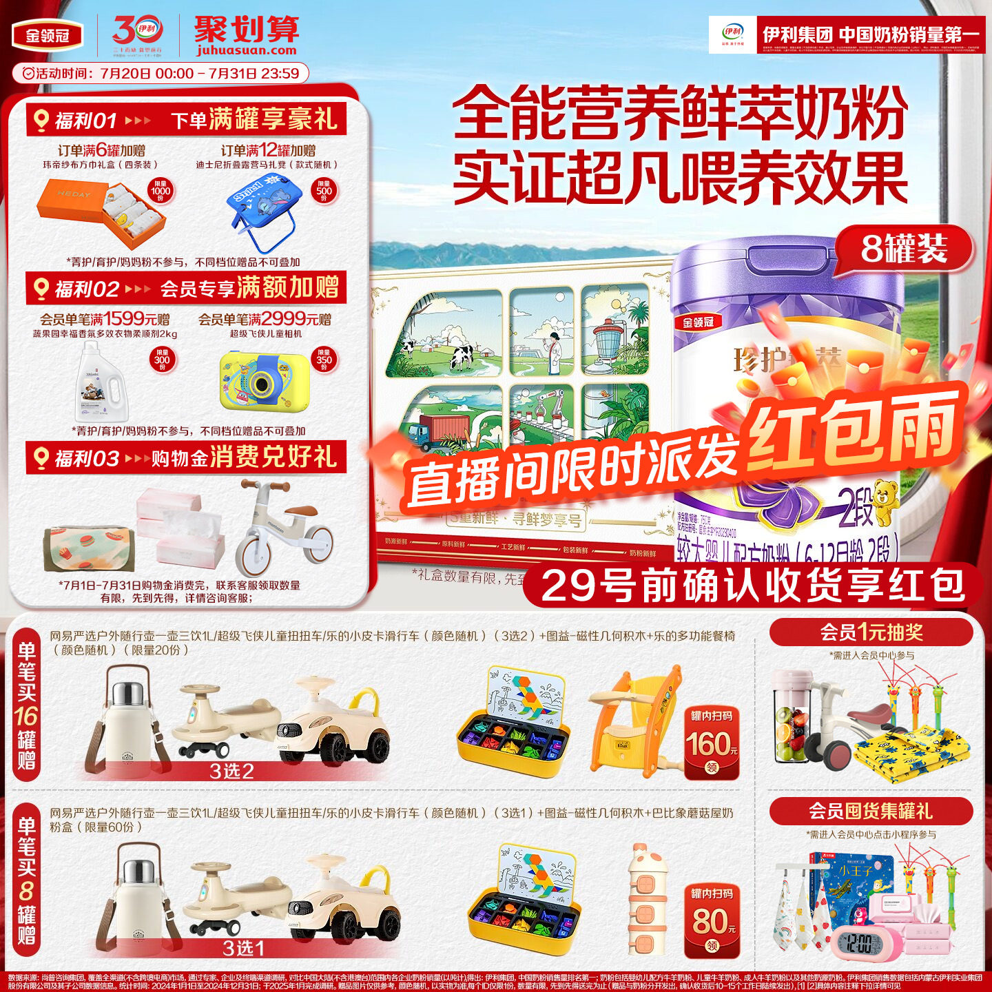 【乳源HMO】伊利金领冠珍护铂萃2段6-12个月婴幼儿奶粉750g*8