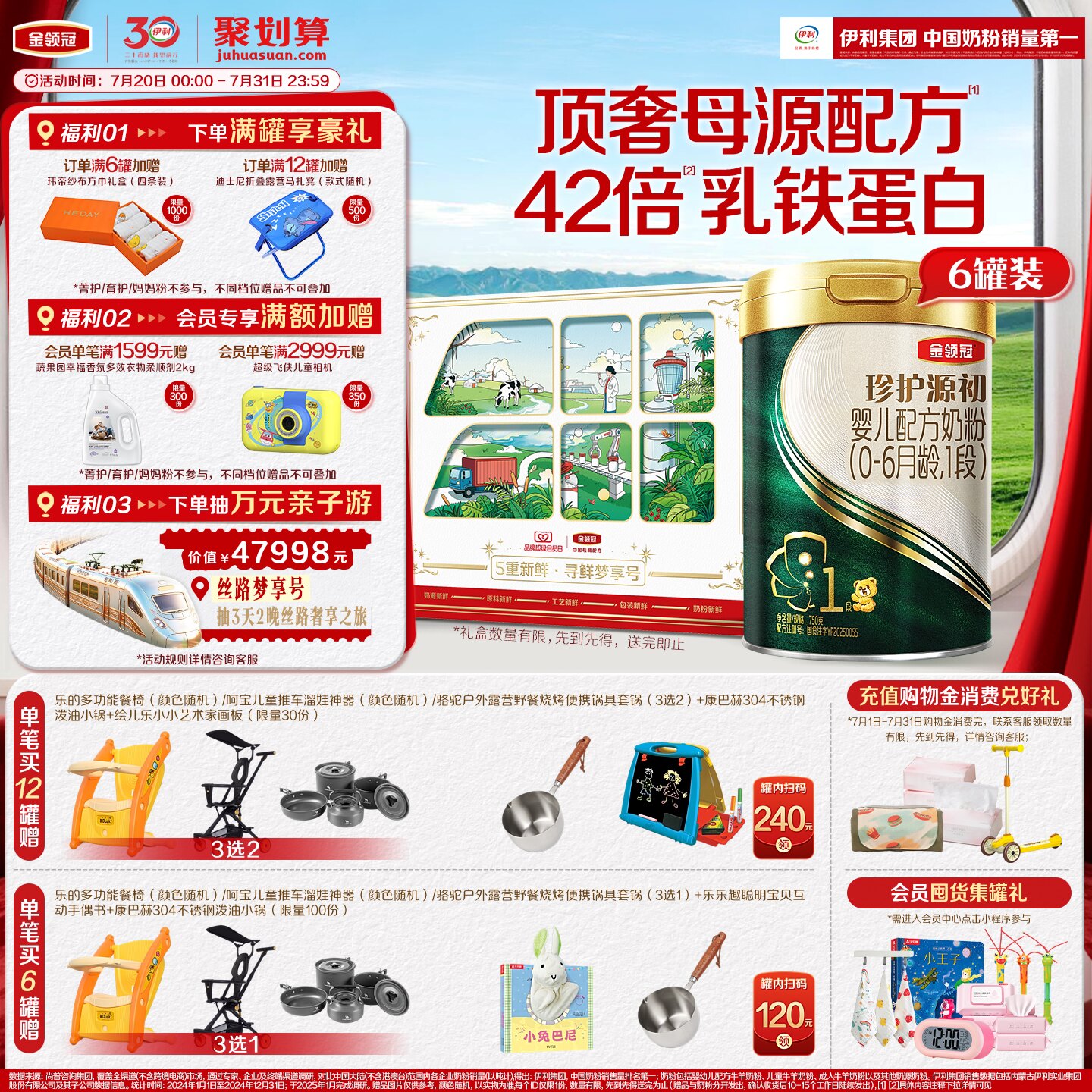 【顶奢新品】伊利金领冠珍护源初1段0-6个月婴儿奶粉750g*6