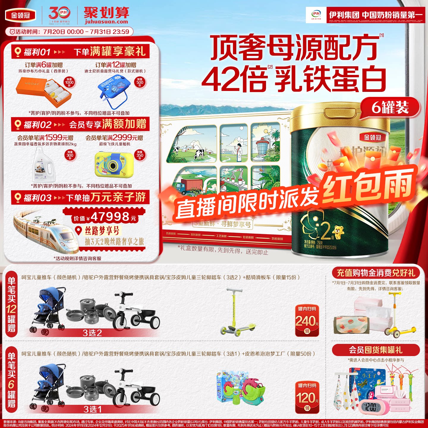 【顶奢新品】伊利金领冠珍护源初2段6-12个月婴儿奶粉750g*6
