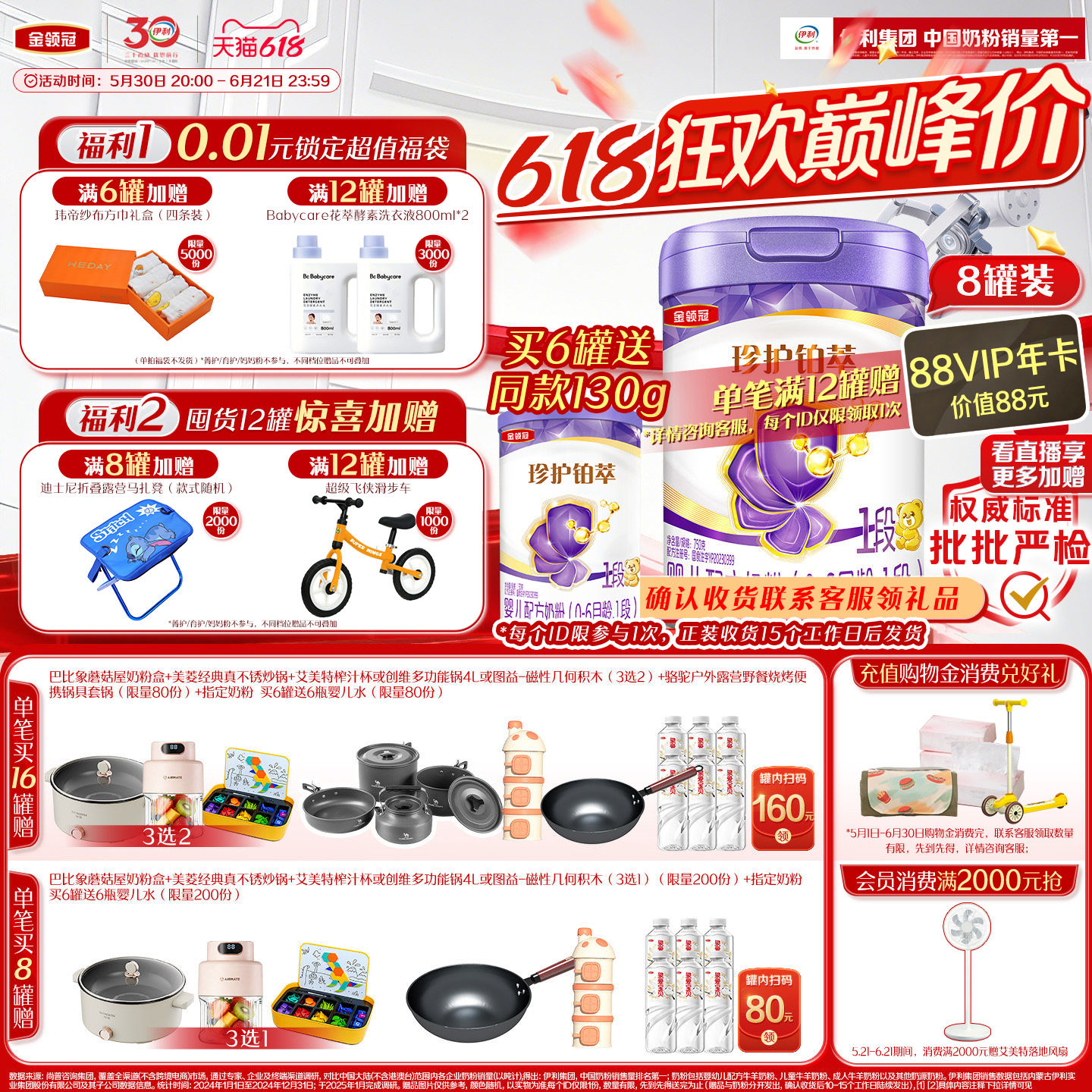 【新鲜】伊利金领冠珍护铂萃1段0-6个月婴儿牛奶粉750g*8