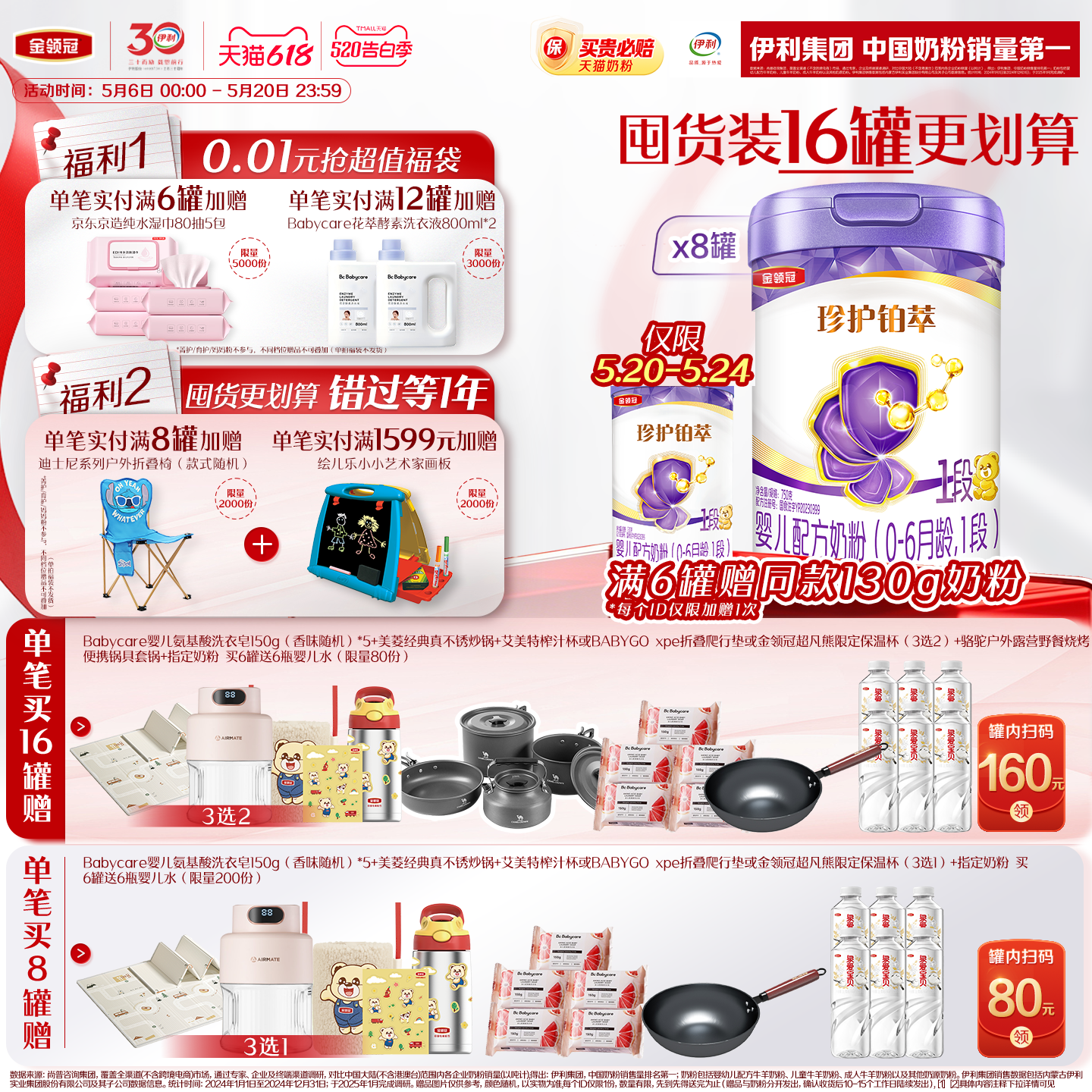 【新鲜】伊利金领冠珍护铂萃1段0-6个月婴儿牛奶粉750g*8
