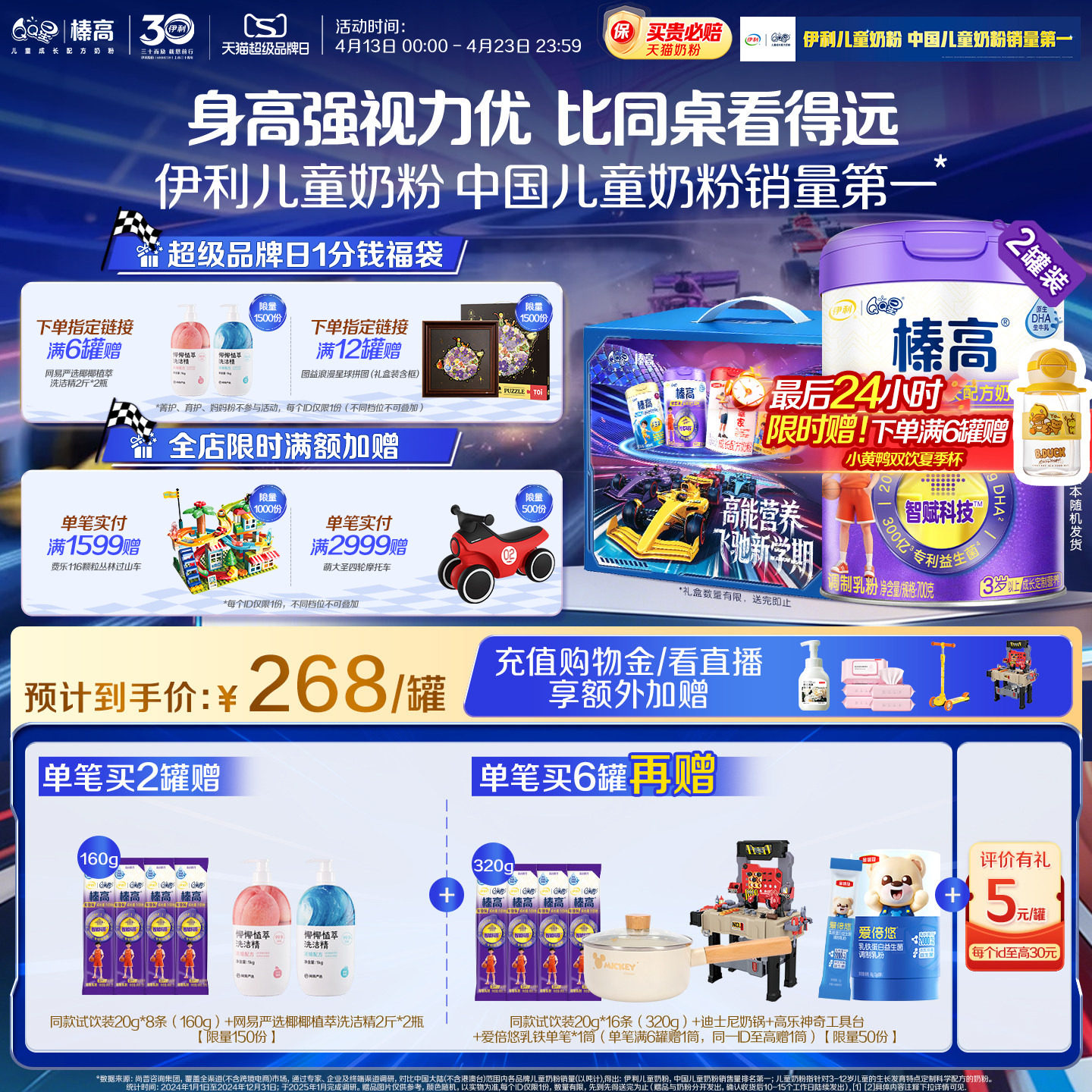 伊利QQ星榛高紫金装CBP儿童3岁以上4段高钙成长牛奶粉700g*2