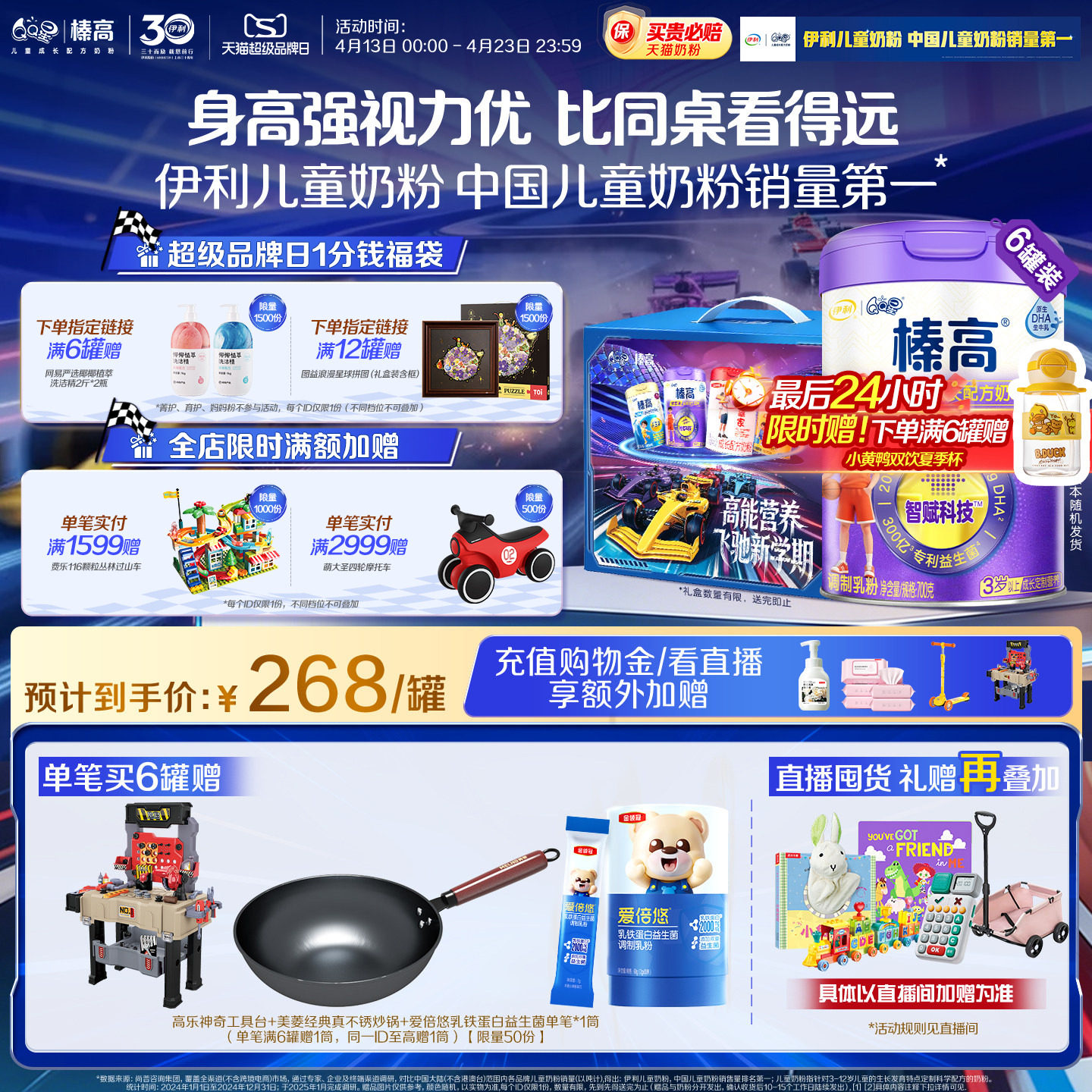 伊利QQ星榛高紫金装CBP儿童3岁以上4段高钙成长牛奶粉700g*6