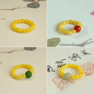 天然黄玉红玛瑙翡翠戒指女叠戴大码胖手指食指搭配黄金新中式手串