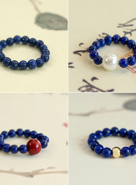 天然朱砂青金石戒指小米珠女小中式简约原创复古文艺礼物淡水珍珠