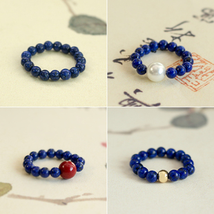 天然朱砂青金石戒指小米珠女小中式简约原创复古文艺礼物淡水珍珠