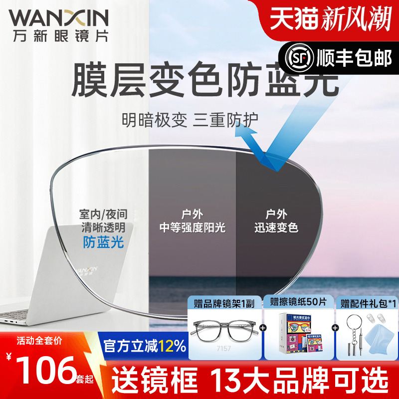 万新镜片防蓝光变色眼镜近视自动感光变灰色配镜树脂有度数男款女