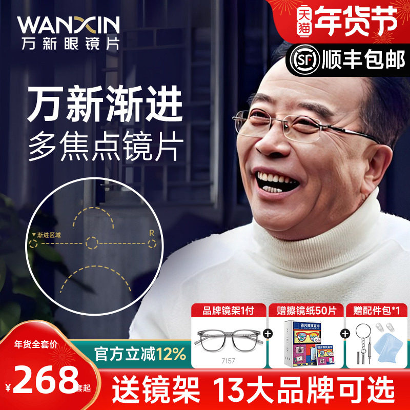 万新渐进多焦点镜片中老年玉品堂近视远用两用一体汇适老花眼镜片