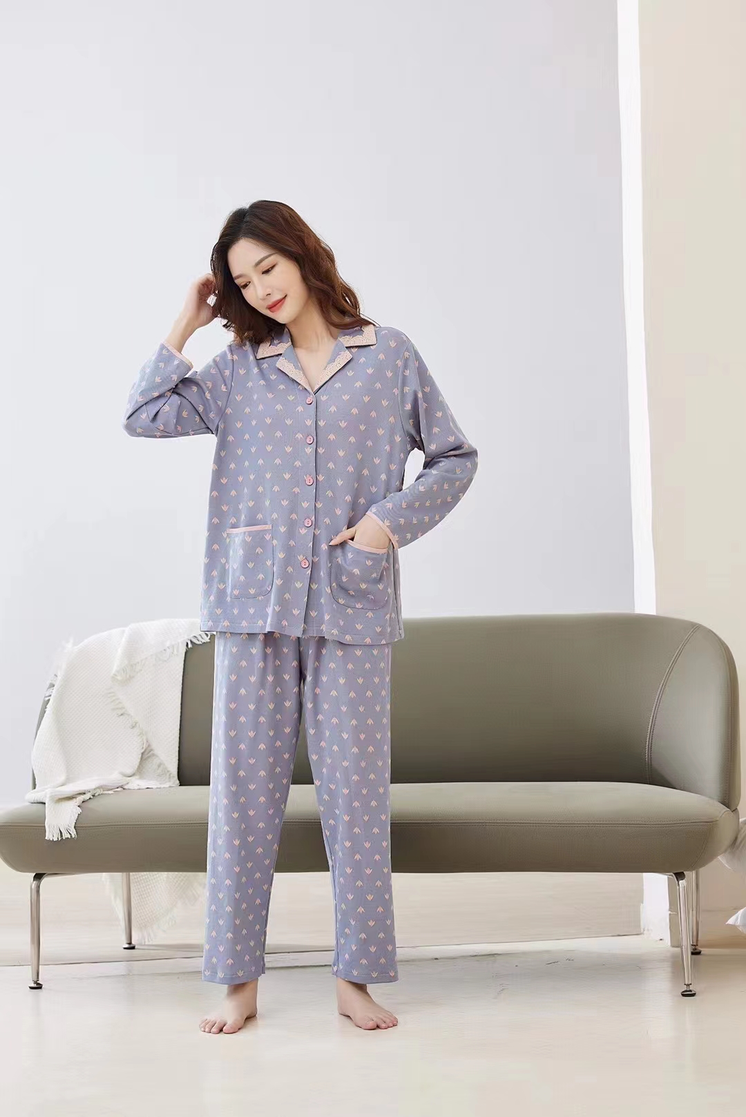 专柜正品佐雅秋冬女款纯棉翻领开衫长袖家居服睡衣315016