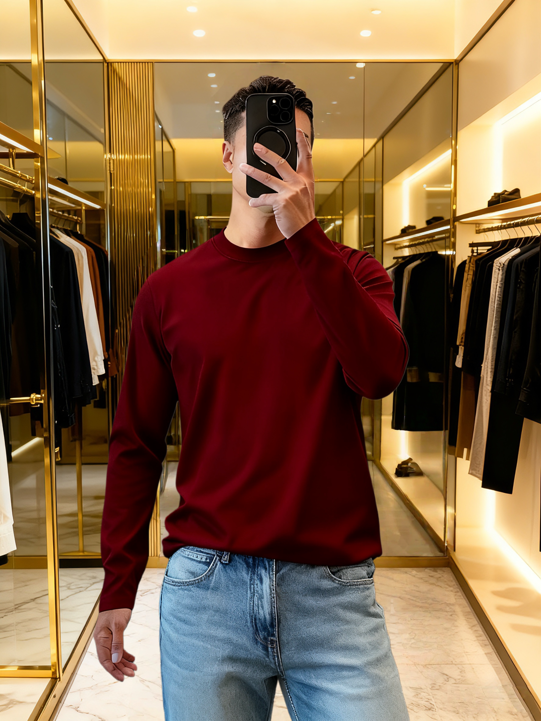 2025春季新款男士百搭纯色长袖打底上衣潮流时尚宽松休闲圆领长袖