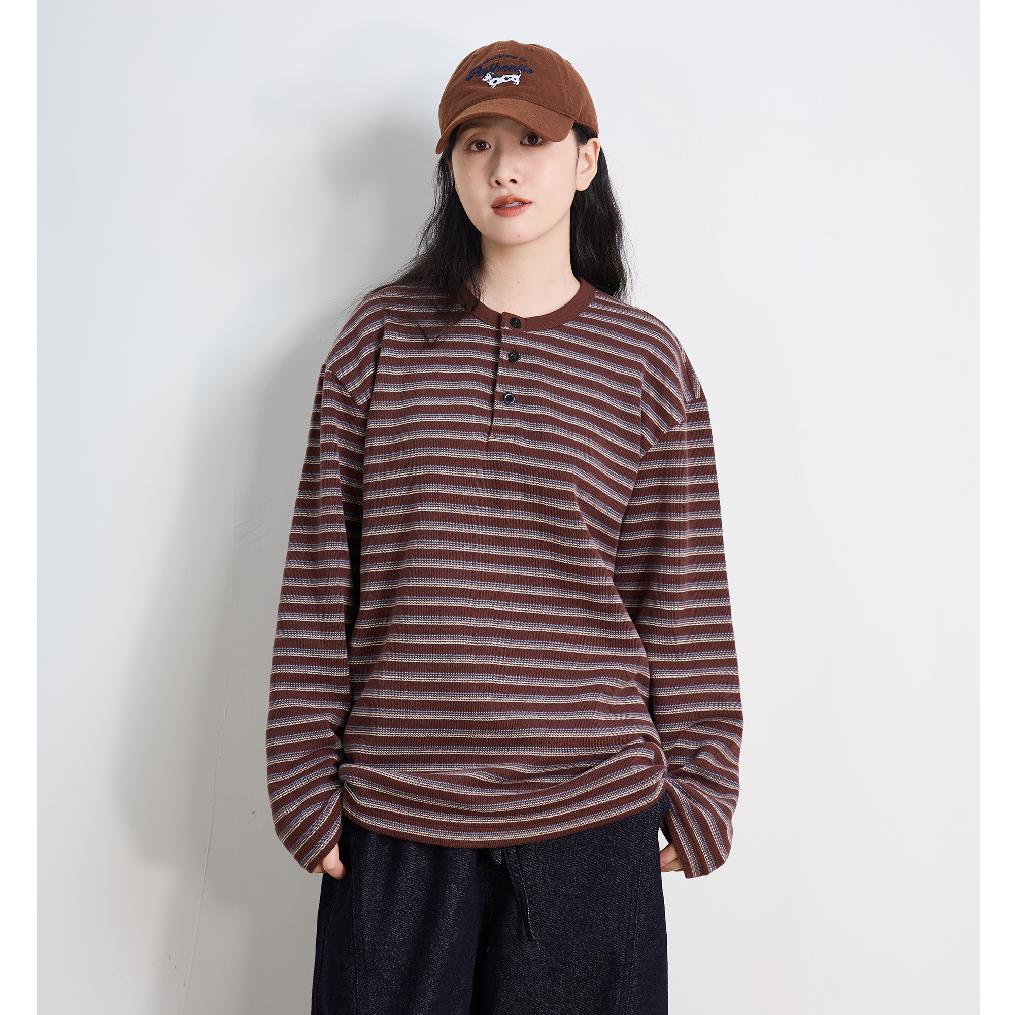 春秋美式复古条纹亨利领卫衣情侣