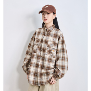 春秋日系复古格子撞色衬衫男女长袖宽松工装风翻领休闲衬衣外套潮
