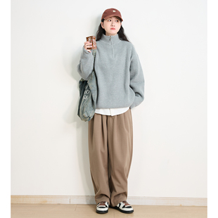 冬季简约风休闲半开领高领毛衣女宽松灰色针织衫保暖套头潮牌上衣