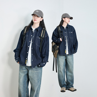 春季日系工装复古条纹牛仔衬衫男女长袖宽松潮牌百搭衬衣外套薄款