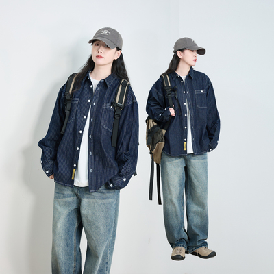 春季日系工装条纹牛仔宽松衬衫女