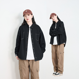 春季新款日系工装纯棉长袖衬衫男女宽松明线设计感百搭外套潮牌薄