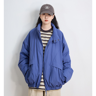 蓝色加厚保暖情侣外套冬季 日系复古工装 立领90白鸭羽绒服男女短款