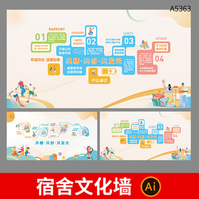 宿舍文化背景展板文明公约温暖自律和谐社区文化墙AI设计素材