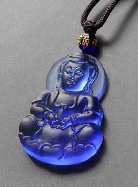 玉佩观音佛像 吊坠 琉璃挂件深蓝色毛衣链平安挂件项链送妈妈礼物