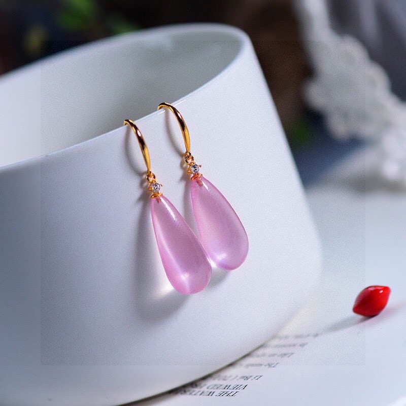 高品天然星光粉水晶耳钉纯银镀金镶嵌轻奢精致耳饰独特漂亮耳环