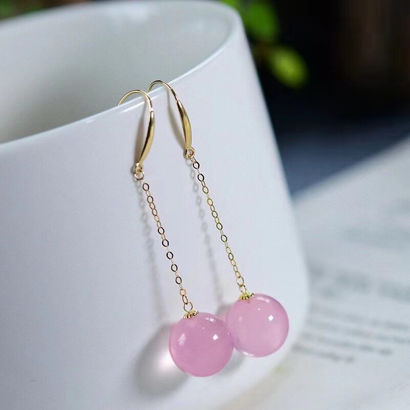 高级纯天然星光粉水晶耳坠18k金流苏耳钩独特漂亮耳环新中式耳饰