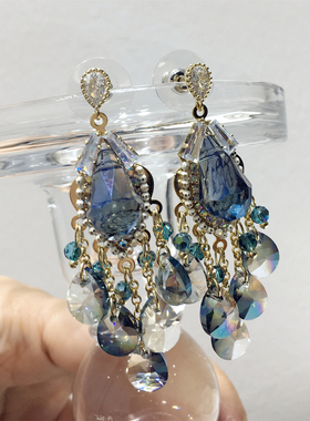 韩国春夏新款奢华高级熟女风蓝色半宝石仿水晶水滴耳环耳坠饰品潮