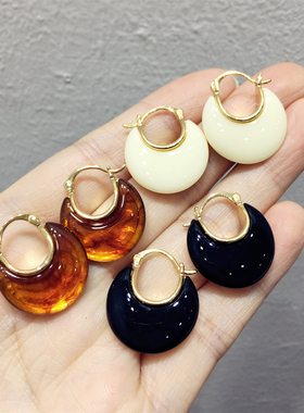 法式复古简约气质立体琥珀色树脂圆形耳扣耳圈耳环小众设计饰品新