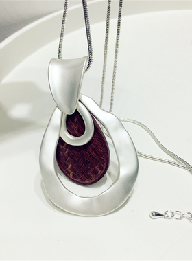 新中式复古个性手工木质编织格纹哑光金属水滴项链毛衣链挂件饰品