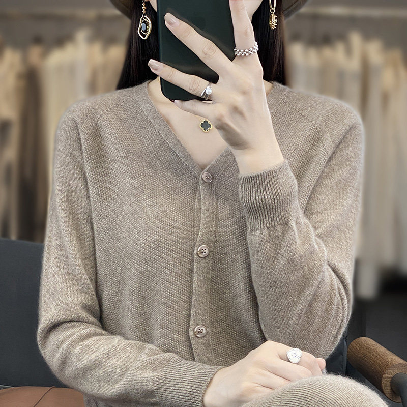 100%羊毛开衫女薄款长袖外套
