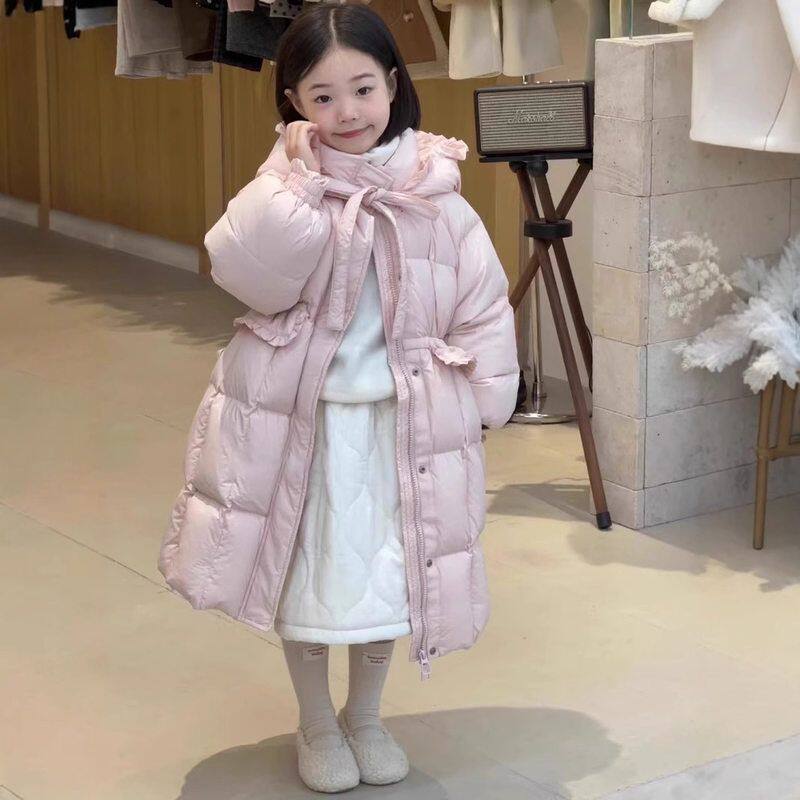 韩版女童长款粉色羽绒棉衣连帽收腰气质甜美儿童夹棉保暖外套冬装