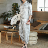 新中式风夏季盘扣冰丝短袖衬衫汉服唐装休闲套装男A825P75，男装衬衫，钱塘788(原4013)