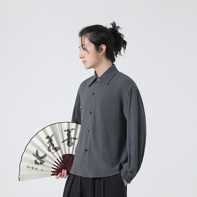 秋新中式风痞雅休闲金属盘扣长袖衬衫男女衬衣上衣 C521 P55图片
