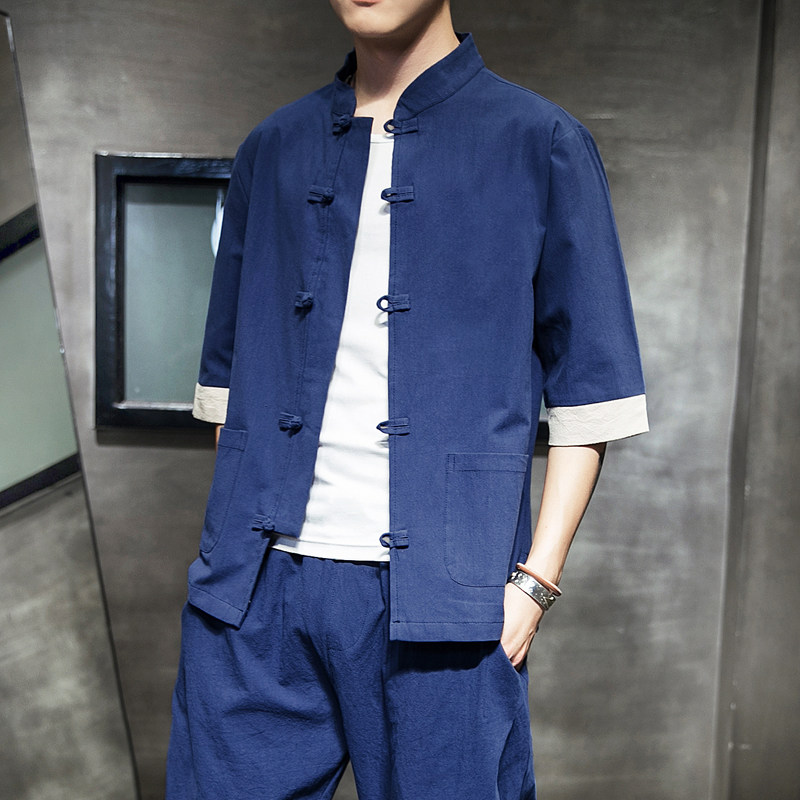 风 春夏盘扣复古五分袖汉服男士唐装男装开衫小外套 M138 P40图片