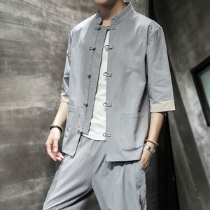 风 春夏盘扣复古五分袖汉服男士唐装男装开衫小外套 M138 P40图片