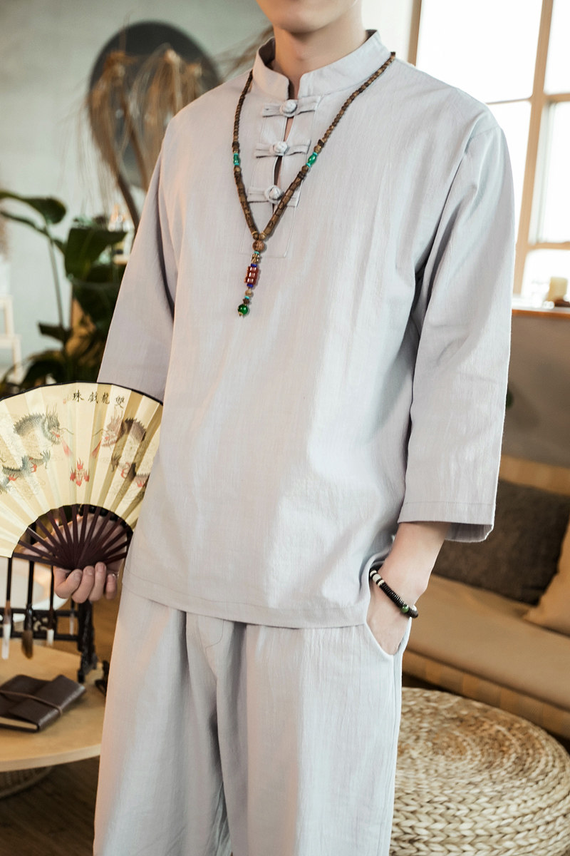 瑜伽服禅服茶服居士服新中式唐装汉服风男装套装A801P85,男装休闲套装,钱塘788(原4013)