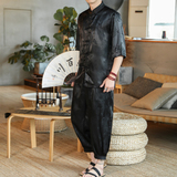 新中式风夏季盘扣冰丝短袖衬衫汉服唐装休闲套装男A825P75，男装衬衫，钱塘788(原4013)