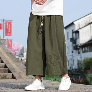 夏季薄竹子刺绣阔腿裤男冰丝大码宽松九分哈伦裤风 M163 P45图片