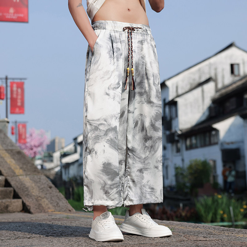 新中式冰丝裤男夏季风潮休闲裤宽松束脚哈伦阔腿裤M168P45,男装休闲裤,钱塘788(原4013)