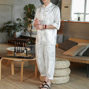新中式风夏季盘扣冰丝短袖衬衫汉服唐装休闲套装男A825P75