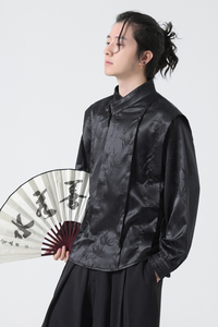 秋季新中式潮风立领竹叶缎面盘扣休闲衬衫男装女衬衣 C526 P75图片