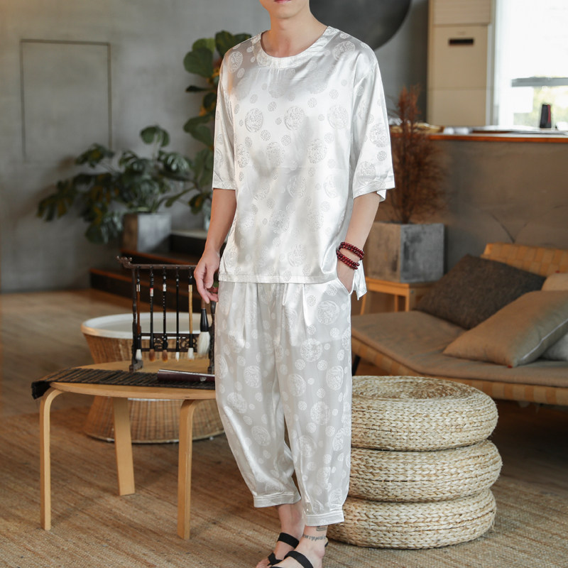 新中式风夏季套装冰丝短袖T恤休闲裤汉服运动套装A823P75,男装休闲裤,钱塘788(原4013)