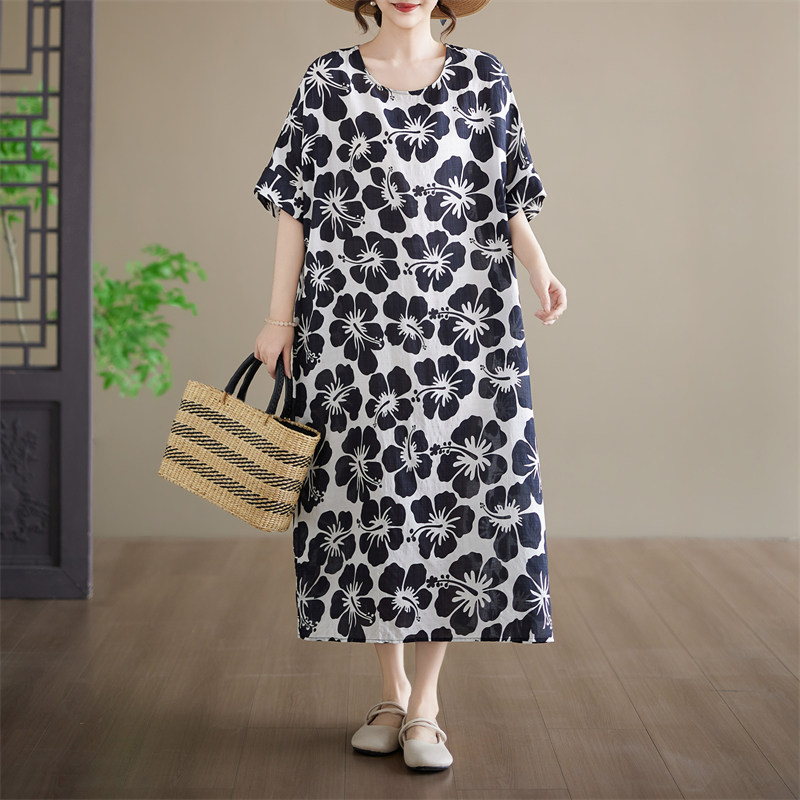 实拍夏季宽松大码棉麻印花圆领短袖过膝长裙胖MM显廋连衣裙