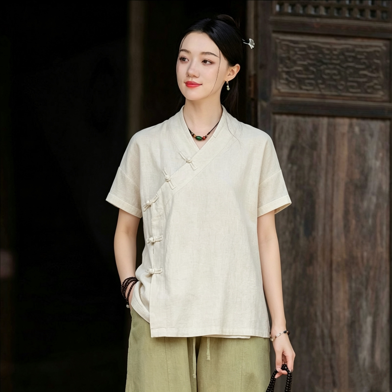 夏棉麻汉服女禅意上衣茶艺禅茶服中式短袖开衫居士服套装