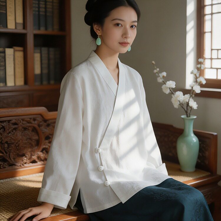 春秋国风V领禅意中式盘扣衬衫女装改良汉服交领茶服上衣