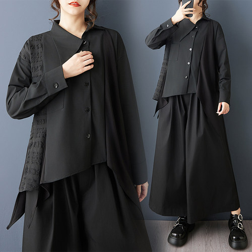 实拍2026春装新款暗黑风小众休闲衬衫时尚百搭不规则拼接大码上衣