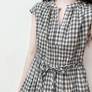 法式小众经典款黑白格子连衣裙女2026夏季时髦复古无袖衬衫中长裙